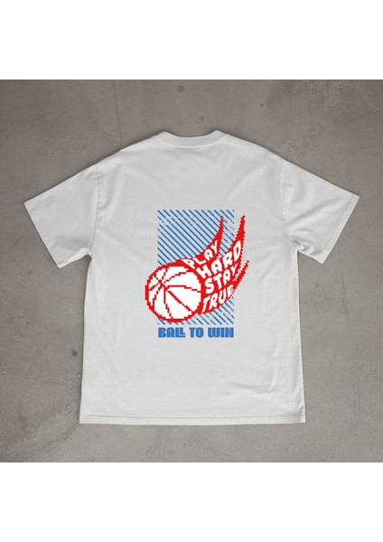 Ball Tasarım Baskılı Beyaz Oversize T-Shirt