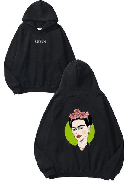 Frida Tasarım Baskılı Oversize Siyah Kapüşonlu Sweatshirt