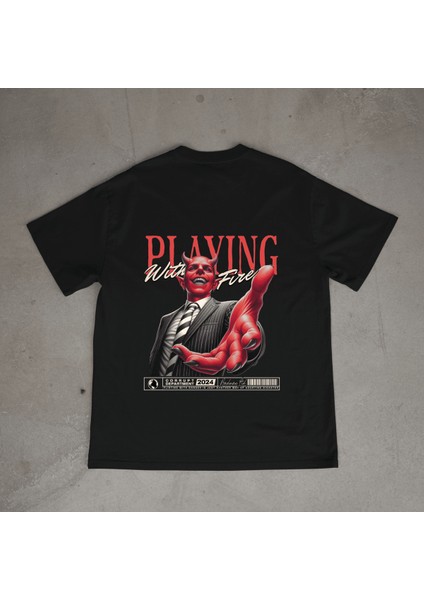 Devil Tasarım Baskılı Siyah Oversize T-Shirt