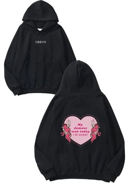 Heart Demon Tasarım Baskılı Oversize Siyah Kapüşonlu Sweatshirt
