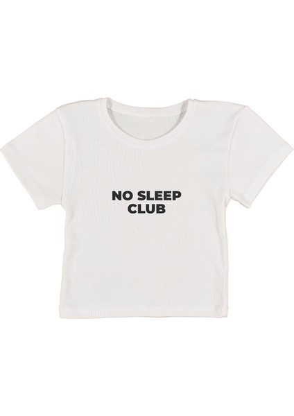 No Sleep Club Baskılı Beyaz Crop Top