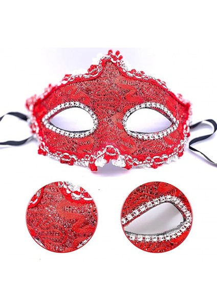 Kırmızı Renk Gözler Kristal Taşlı Dantelli Parti Maskesi