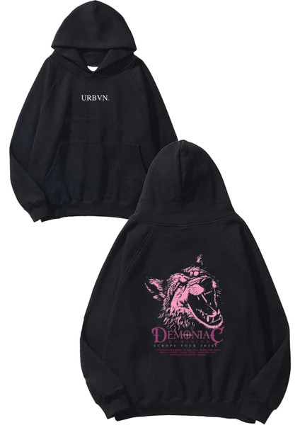 Demoniac Tasarım Baskılı Oversize Siyah Kapüşonlu Sweatshirt