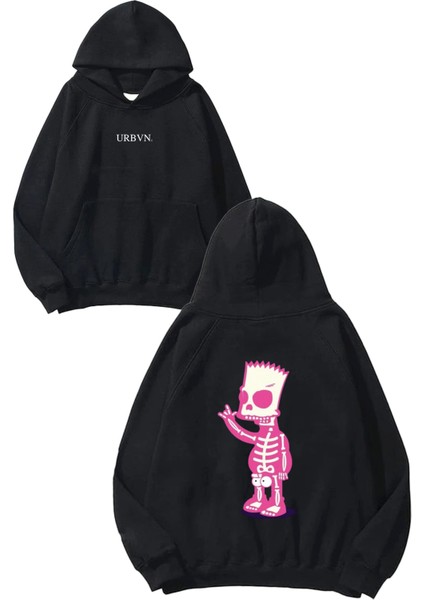 Simpson Skeleton Tasarım Baskılı Oversize Siyah Kapüşonlu Sweatshirt