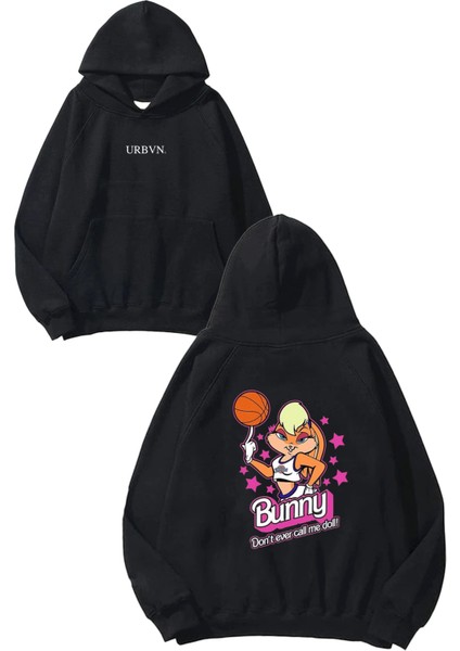 Bunny Girl Tasarım Baskılı Oversize Siyah Kapüşonlu Sweatshirt