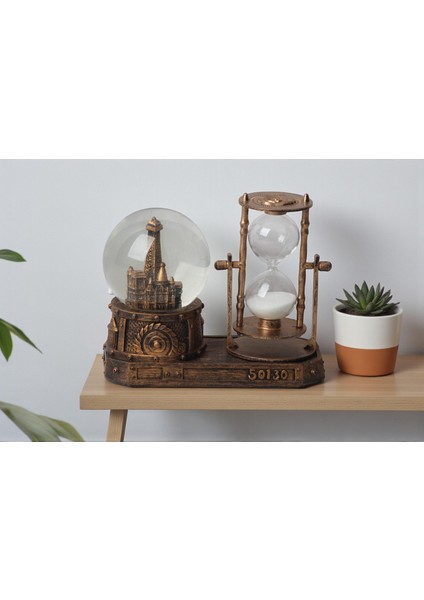Paris Eyfel Temalı Işıklı Retro Kar Küresi & Kum Saati Dekoratif Masaüstü Biblo Ev Ofis Hediyelik