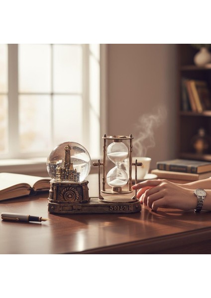 Paris Eyfel Temalı Işıklı Retro Kar Küresi & Kum Saati Dekoratif Masaüstü Biblo Ev Ofis Hediyelik modelleri