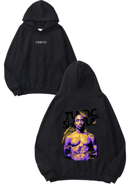 Tupac 1 Tasarım Baskılı Oversize Siyah Kapüşonlu Sweatshirt