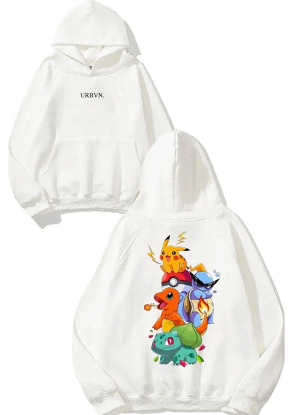 Pokemon 1 Tasarım Baskılı Oversize Beyaz Kapüşonlu Sweatshirt