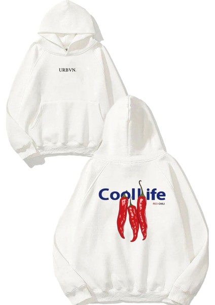 Cool Life Tasarım Baskılı Oversize Beyaz Kapüşonlu Sweatshirt