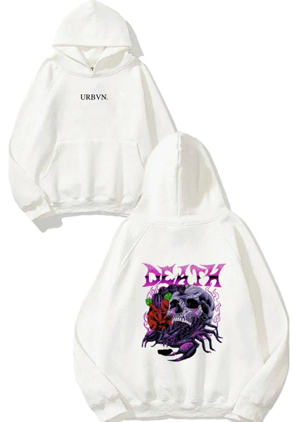 Death Skull Tasarım Baskılı Oversize Beyaz Kapüşonlu Sweatshirt