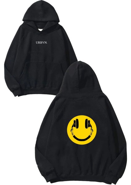 Headphone Tasarım Baskılı Oversize Siyah Kapüşonlu Sweatshirt
