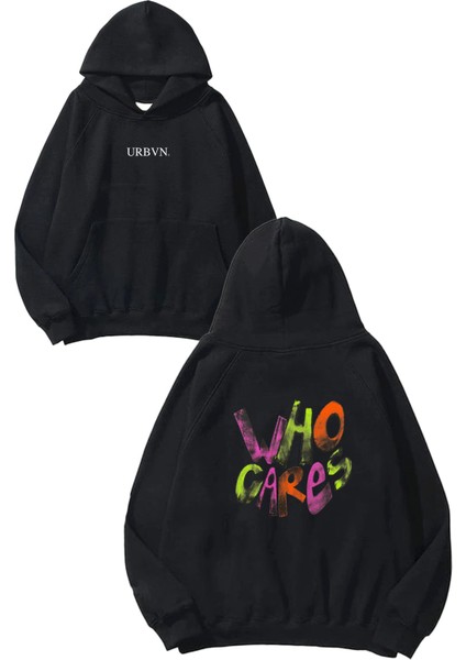 Who Cares Tasarım Baskılı Oversize Siyah Kapüşonlu Sweatshirt
