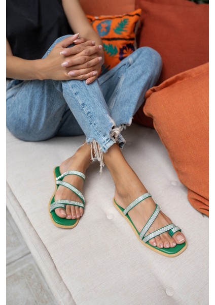 Jinx Kadin Mercan Gercek Deri Taşli Terlik