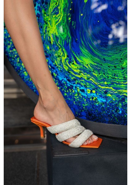 Galaxy Kadin Bej Saten Taş Detay Topuklu Terlik