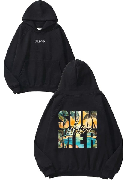 Summer Vibes Tasarım Baskılı Oversize Siyah Kapüşonlu Sweatshirt