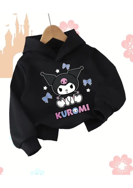 Punıx Kıds Özel Tasarım Kuromi Baskılı Kışlık Kalın Kapüşonlu Kız Çocuk Sweatshırt