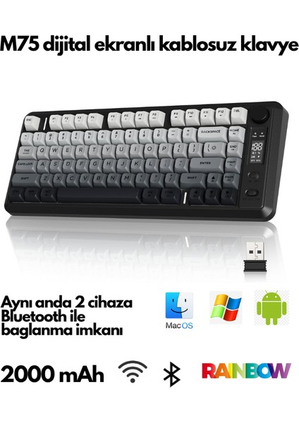 M75 Kablosuz Bt+2.4ghz OLED Tft Ekranlı Membran Reinbow Aydınlatmalı Gaming Oyuncu Klavye