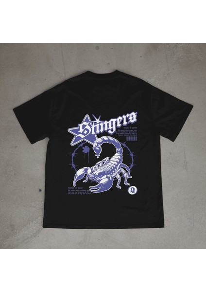 Stingers Tasarım Baskılı Siyah Oversize T-Shirt