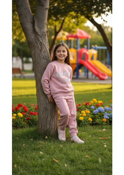 Kız Çocuk Kışlık Eşofman Takımı Sweatshirt Alt Pamuklu Üç Iplik Şardonlu Günlük Kombin 2-3-4-5 Yaş fırsatları