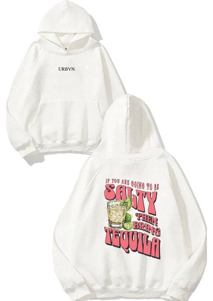 Salty Tasarım Baskılı Oversize Beyaz Kapüşonlu Sweatshirt