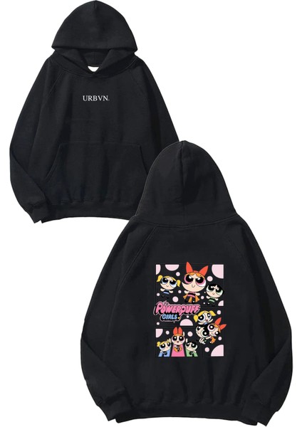 The Puwerpuff Girls Tasarım Baskılı Oversize Siyah Kapüşonlu Sweatshirt