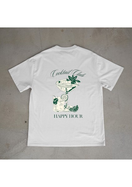 Happy Hour Tasarım Baskılı Beyaz Oversize T-Shirt