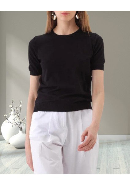 xint Kadın Siyah Regular Fit Bisiklet Yaka Triko Örme Basic Tişört