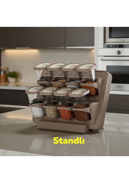 Stantlı Tezgah Üstü Kapaklı 8’li Baharat Takımı – Yapışkanlı Duvara Monte Edilebilir Tasarım