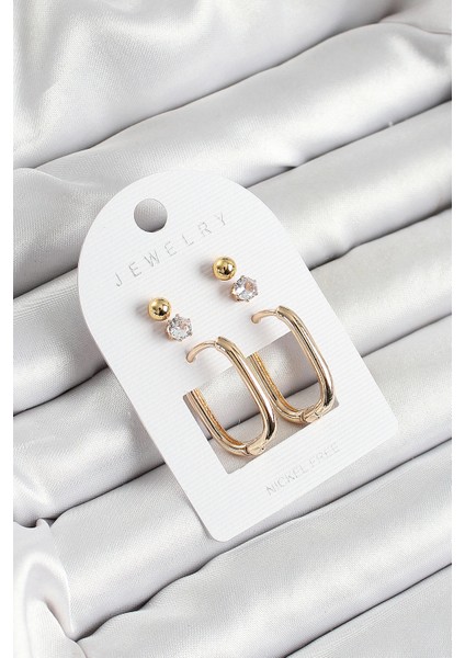 Pirinç Zirkon Taş ve Dikdörtgen Figürlü Gold Renk 3'lü Çift Kadın Küpe Set - TJ-BKP10651