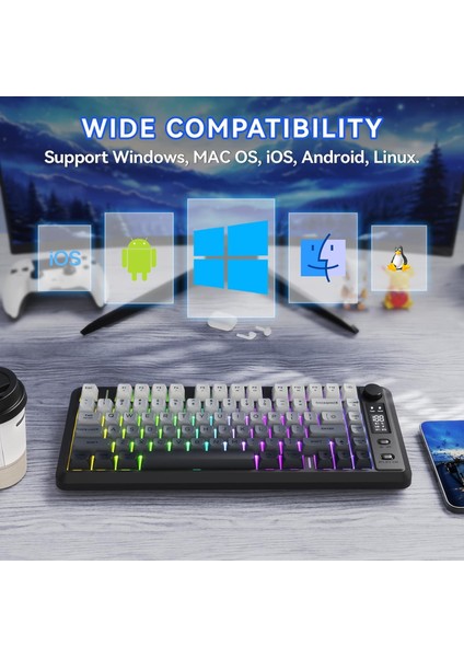 M75 Kablosuz Bt+2.4ghz OLED Tft Ekranlı Membran Reinbow Aydınlatmalı Gaming Oyuncu Klavye fırsatları