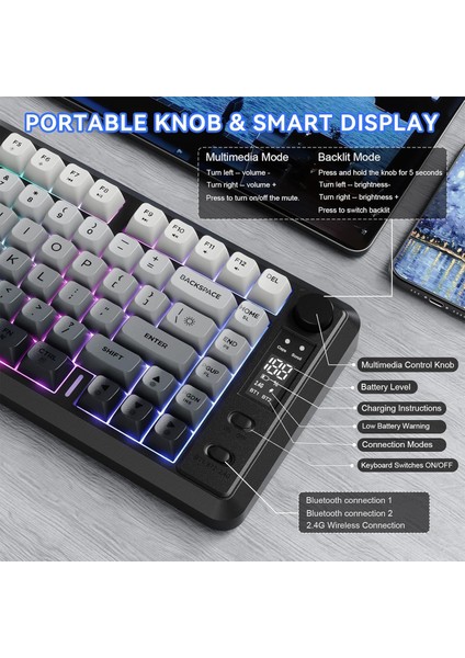 M75 Kablosuz Bt+2.4ghz OLED Tft Ekranlı Membran Reinbow Aydınlatmalı Gaming Oyuncu Klavye