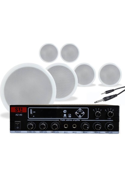 6’lı Beyaz Tavan Hoparlörlü 100V Anfi Ses Sistemi | Kafe Mağaza Ofis Müzik Seti