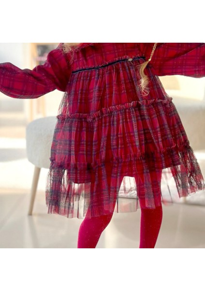 Kız Çocuk Tül Katmanlı Vintage Ekose Elbise fırsatları