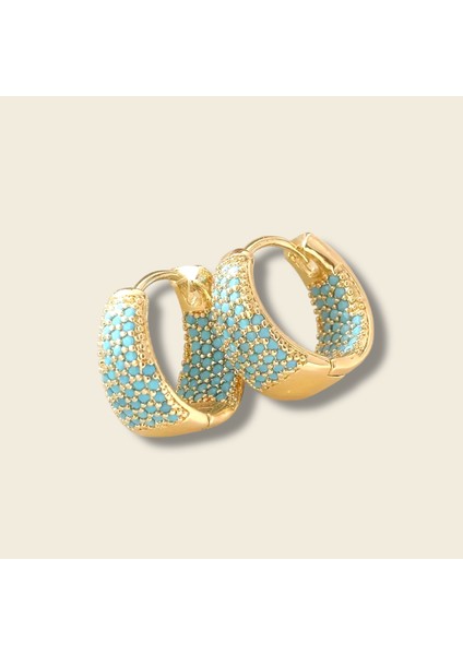 Turkuaz (Firuze) Taşlı 18K Altın Kaplama Halka Küpe | 3A Zirkon Taşlı Işıltılı Küpe