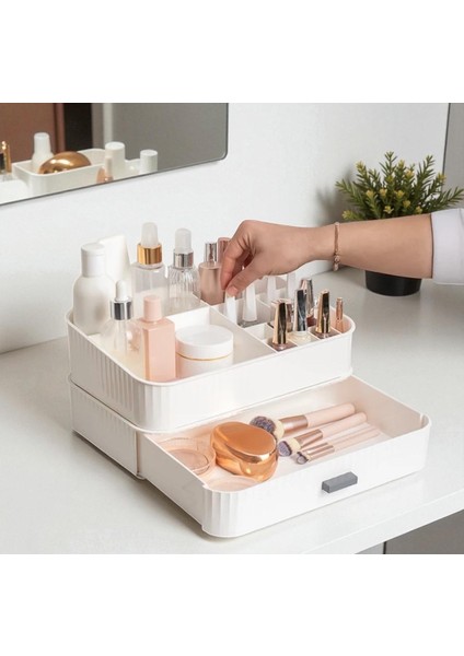2 Katlı Çekmeceli Makyaj Organizeri Kozmetik Düzenleyici Saklama Kutusu Beyaz