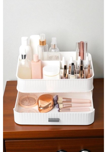2 Katlı Çekmeceli Makyaj Organizeri Kozmetik Düzenleyici Saklama Kutusu Beyaz modelleri