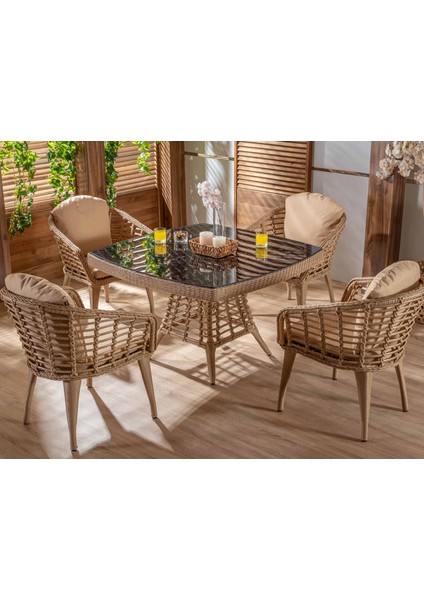 Eyfel Rattan Masa Takımı 4+1 Cappuccino