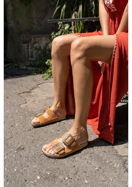 Josef Kadın Beyaz Gercek Derı Taş Detay Terlik