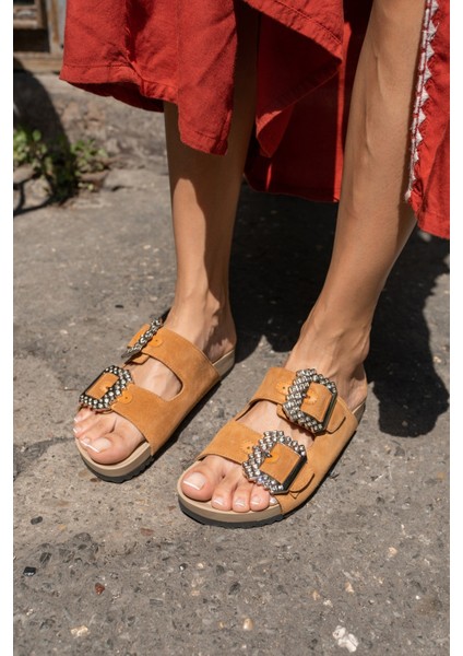 Josef Kadın Beyaz Gercek Derı Taş Detay Terlik