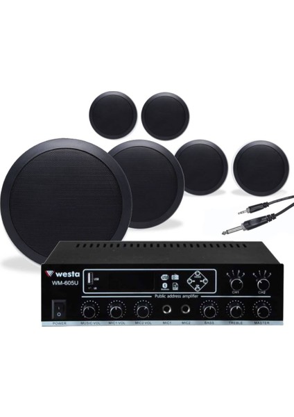 6’lı Siyah Tavan Hoparlörlü 100V Anfi Ses Sistemi | Kafe Mağaza Ofis Müzik Seti