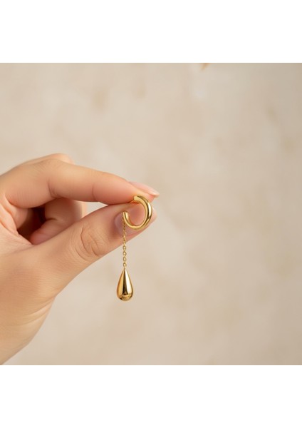 Zincirli Damla Earcuff Küpe | Gold ve Silver Renk | Deliksiz Kullanım | Trend Sallantılı Küpe fırsatları