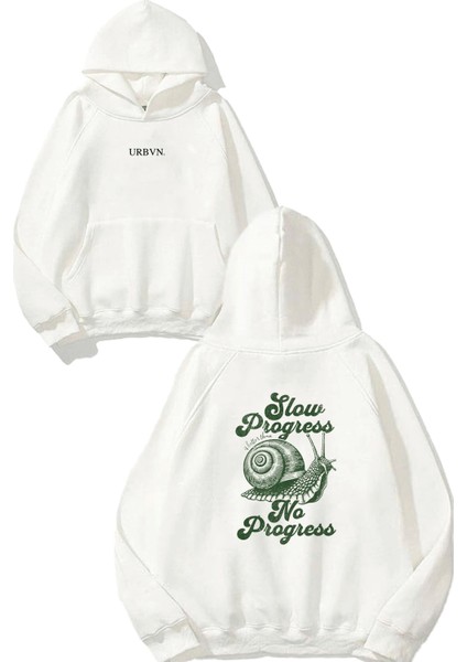 Slow 1 Tasarım Baskılı Oversize Beyaz Kapüşonlu Sweatshirt