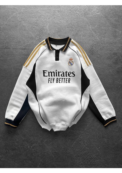 Realmadrid Yakalı Erkek Beyaz Sweatshirt