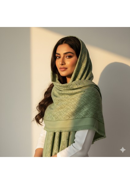 Pastel Yeşil Jakar Dokuma Geometrik Zincir Desenli Tok Duruşlu Şal Eşarp