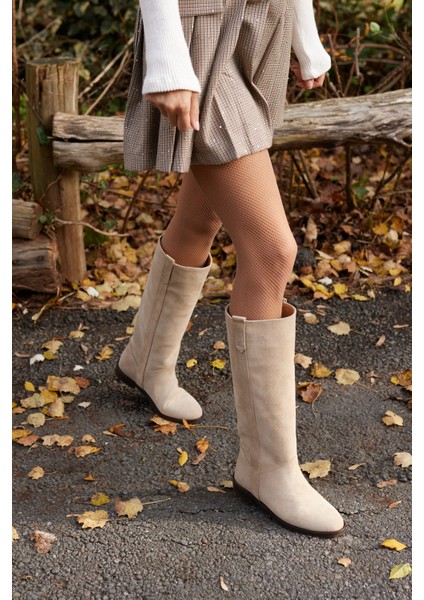 Brenda Kadın Bej Gercek Deri Süet Çizme