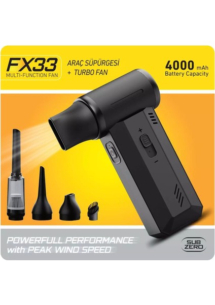 💨 Subzero FX33 Mini Turbo Jet Fan / Araç Süpürge | Güçlü Emiş, Kompakt Tasarım, USB Şarjlı
