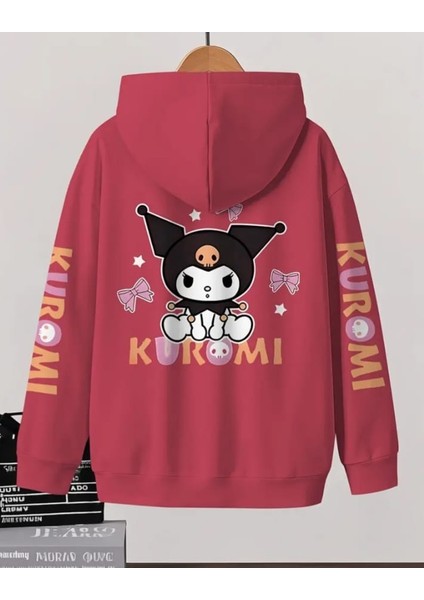 Punıx Kıds Özel Tasarım Kuromi Sırt ve Kol Baskılı Kışlık Kalın Kapüşonlu Kız Çocuk Sweatshırt