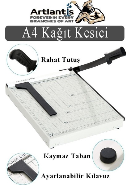 Giyotin Kağıt Kesme Makinesi A4 Metal Kollu Tablalı A5-A4 Ayarlanabilir Sürgülü Paslanmaz Kaliteli
