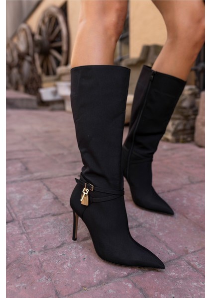 Pella Kadın Siyah Saten Kilit Detay Çizme